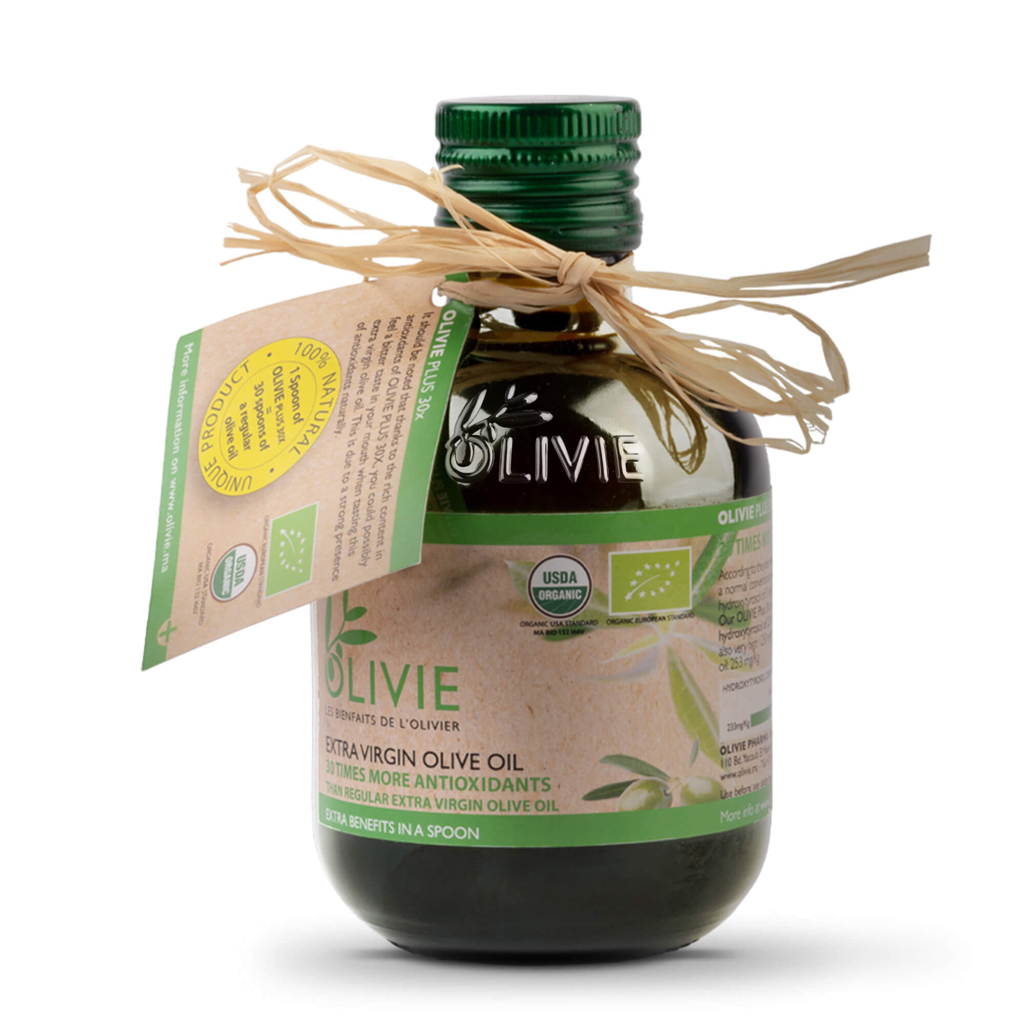 OLIVIE PLUS 30X is rich in polyphenols, especially in hydroxytyrosol the most potent of all antioxidants. Organic and healthiest!