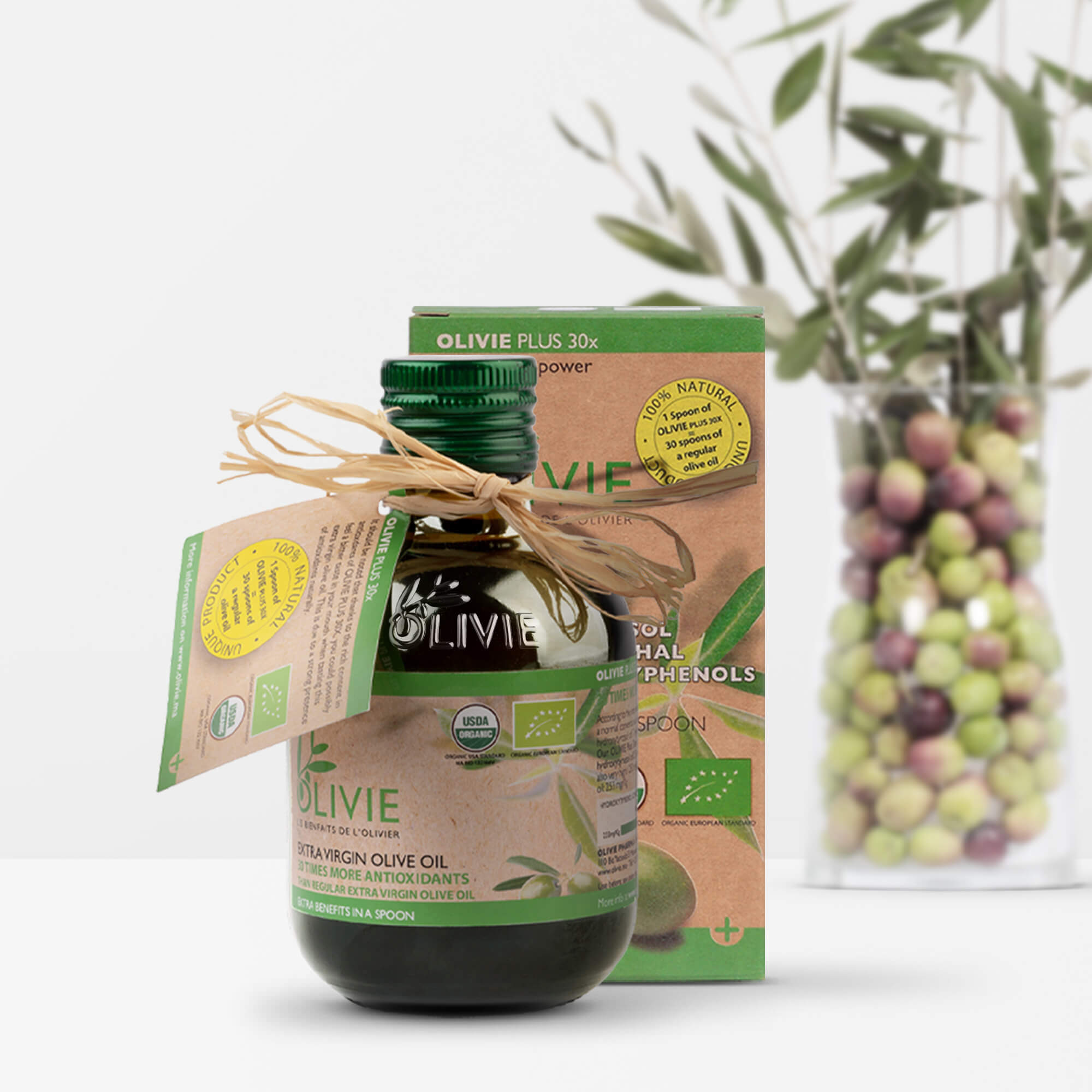 OLIVIE PLUS 30X is rich in polyphenols, especially in hydroxytyrosol the most potent of all antioxidants. Organic and healthiest!