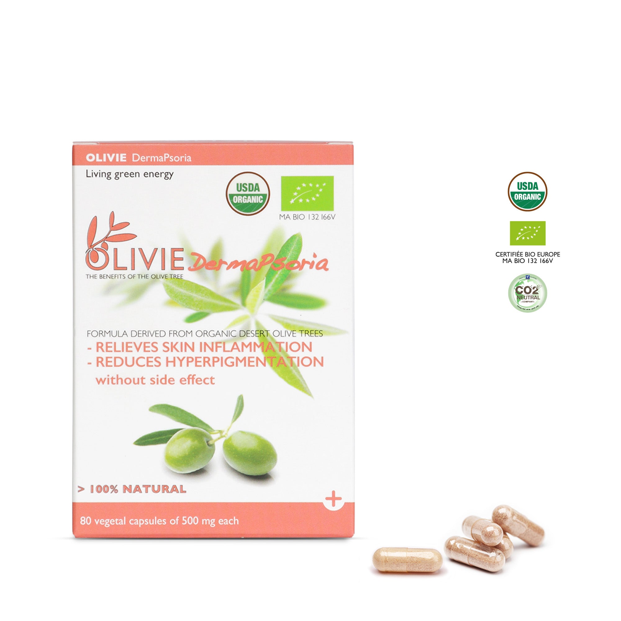 OLIVIE DERMAPSORIA, organic capsules to reduce skin inflammation, rich in polyphenols, for psoriasis, atopic, eczema and acne