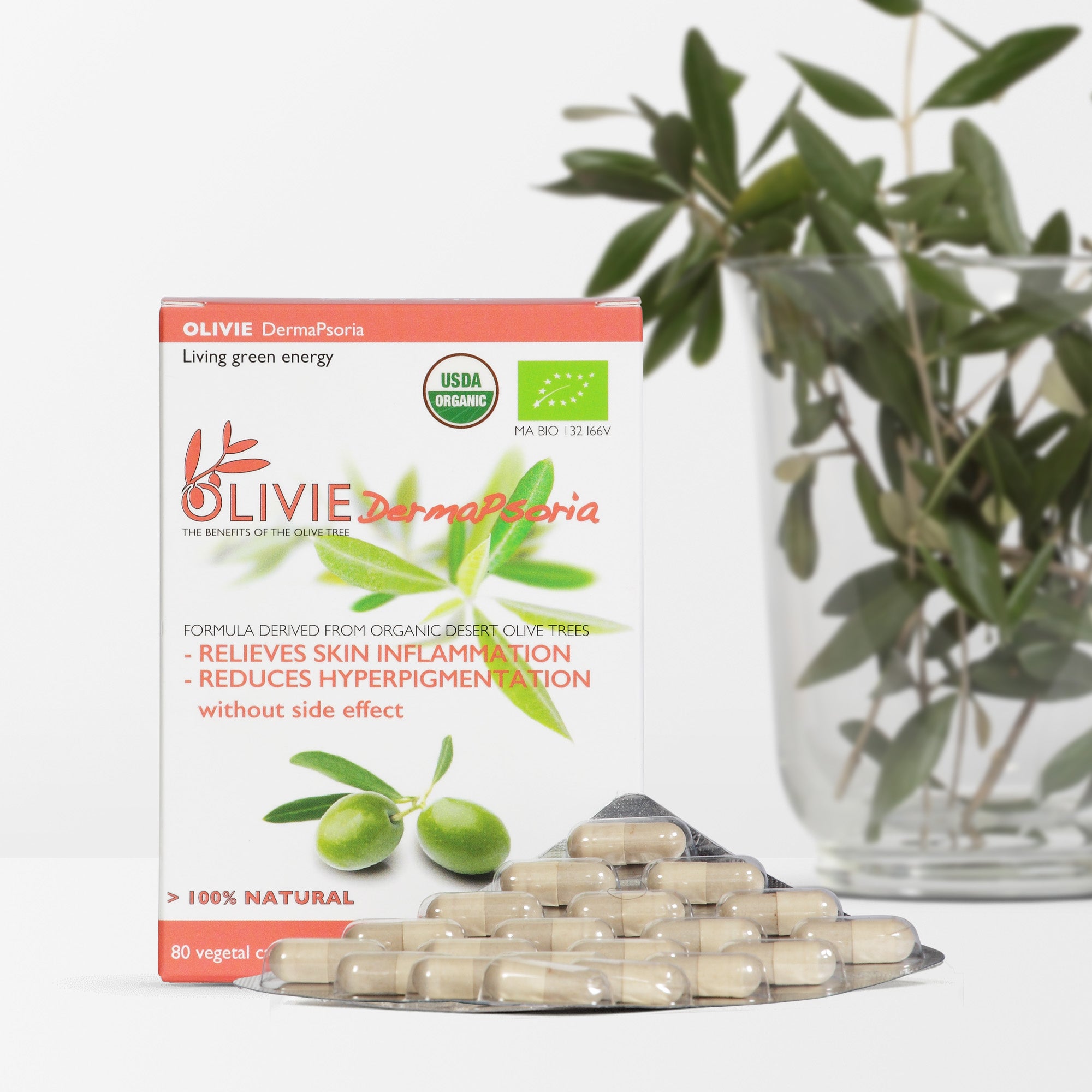 OLIVIE DERMAPSORIA, organic capsules to reduce skin inflammation, rich in polyphenols, for psoriasis, atopic, eczema and acne