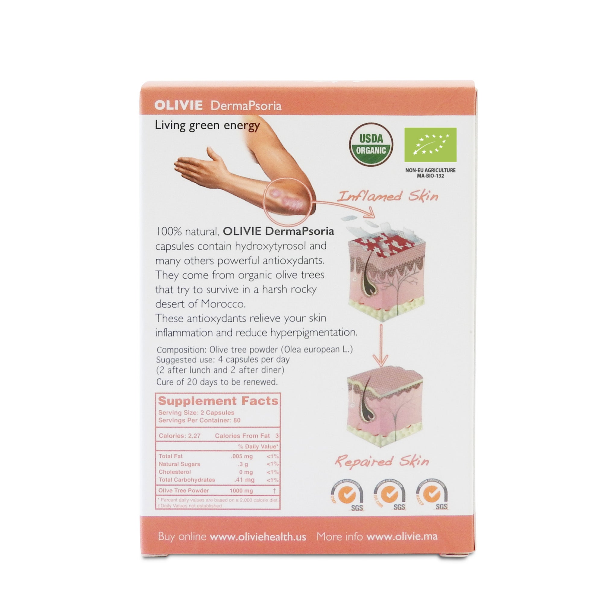 OLIVIE DERMAPSORIA, organic capsules to reduce skin inflammation, rich in polyphenols, for psoriasis, atopic, eczema and acne