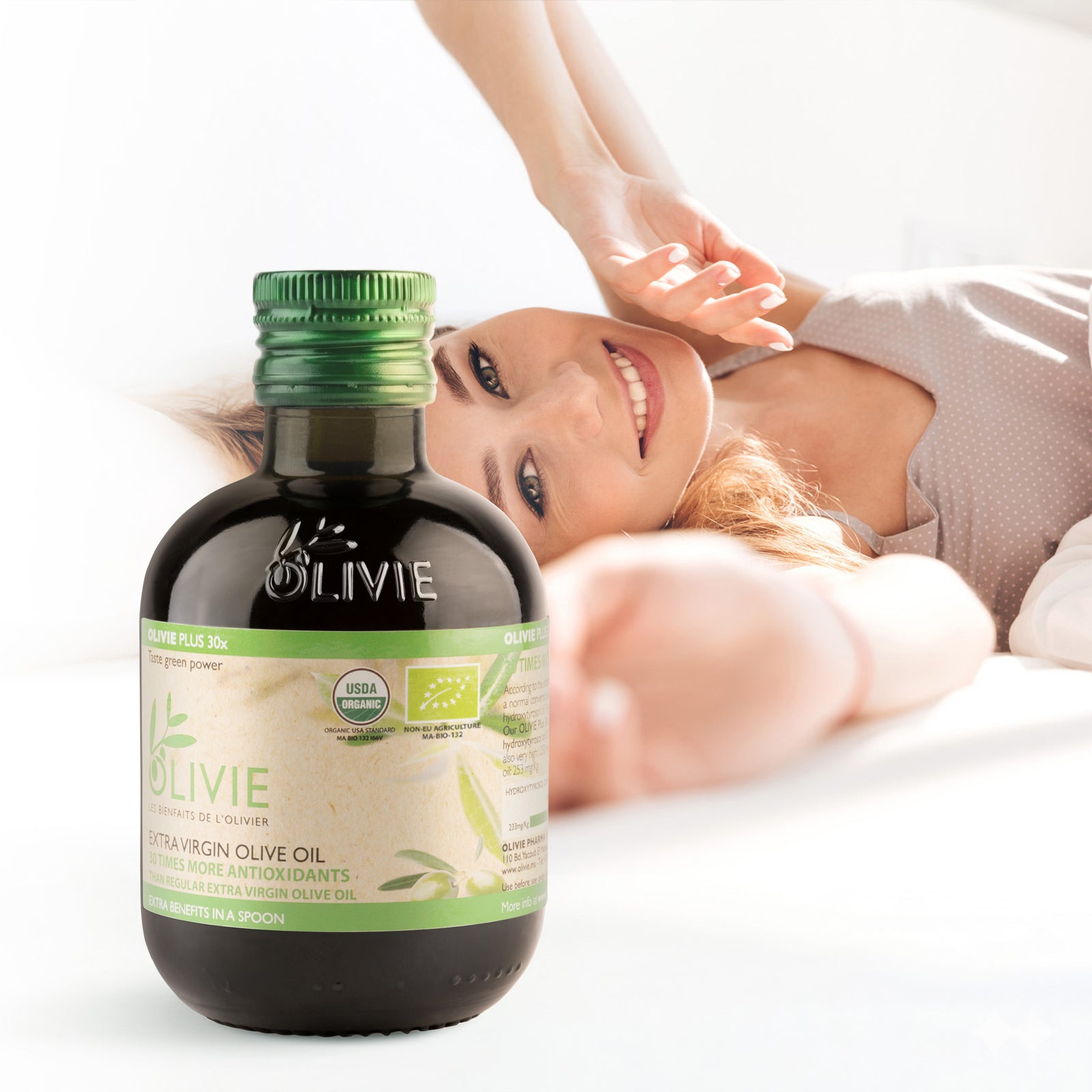 Woman relaxing, OLIVIE Plus 30x digestion benefits