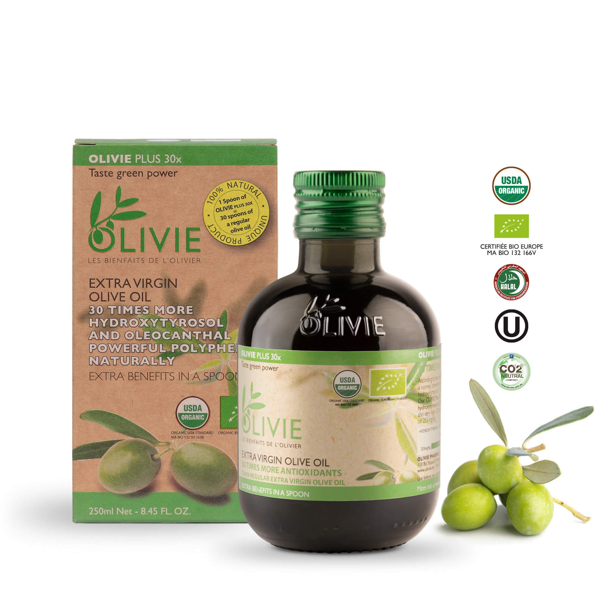 OLIVIE PLUS 30X is rich in polyphenols, especially in hydroxytyrosol the most potent of all antioxidants. Organic and healthiest!