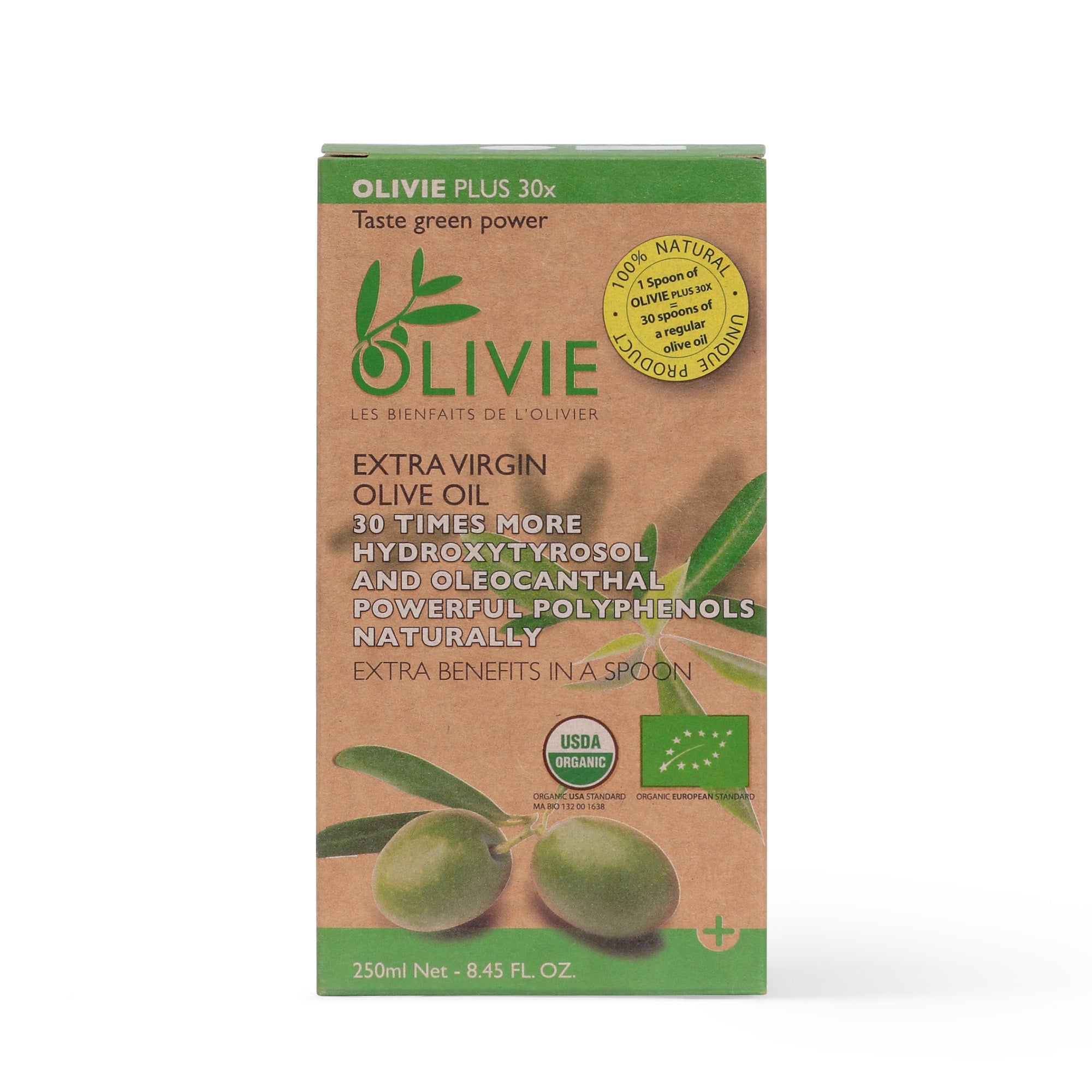 OLIVIE PLUS 30X is rich in polyphenols, especially in hydroxytyrosol the most potent of all antioxidants. Organic and healthiest!