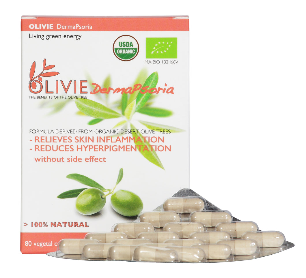 OLIVIE DERMAPSORIA, organic capsules to reduce skin inflammation, rich in polyphenols, for psoriasis, atopic, eczema and acne.